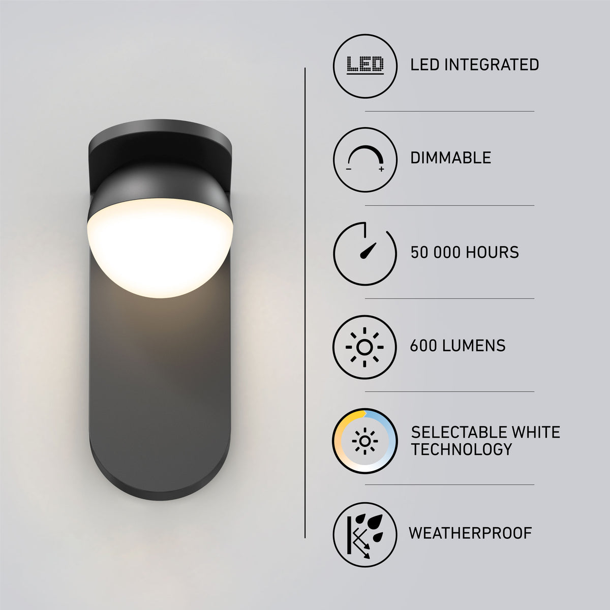A modern black wall-mounted LED light is shown next to icons and text highlighting features: LED integrated, dimmable, 50,000-hour lifespan, 600 lumens, selectable white technology, and weatherproof.