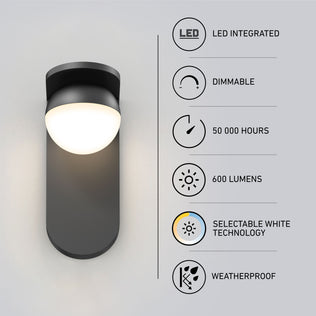 The Artika Bloom indoor-outdoor LED wall light 3 CCT is shown on a gray background, with icons highlighting its LED integration, dimmable feature, 50,000-hour lifespan, 600 lumens, selectable white technology, and weatherproof design.