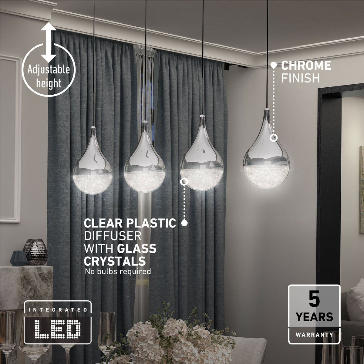 Four modern pendant lights with clear plastic diffusers and glass crystals hang above a table with flowers. The room features blue curtains, chrome finishes, and LED lighting with a 5-year warranty.