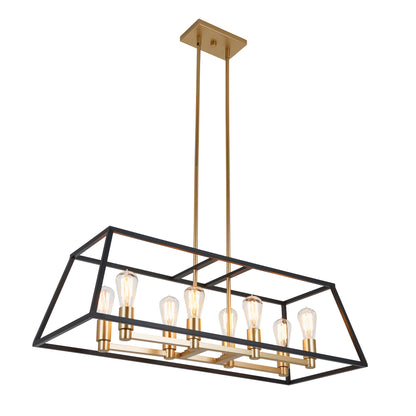 The Carter Long 8-light Chandelier by Artika features a rectangular black metal frame, gold-toned rods, and eight exposed bulbs in two rows, all suspended from a ceiling mount.