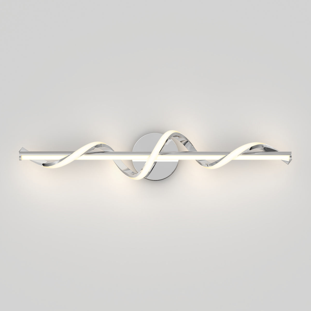 Modern wall-mounted LED light fixture with a twisted, wave-like design in a chrome finish, mounted on a circular base against a plain grey background.