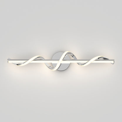 The Artika Coda modern LED bathroom vanity light 5 CCT features a central round base and a long LED bar with two intertwined illuminated strips, shown wall-mounted against a plain light gray background.