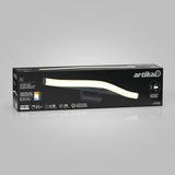 A black rectangular box with a photo of a modern, curved LED wall light called Artika Arc on the front. The box highlights features such as a 5-year warranty, 50,000-hour lifespan, and 1000 lumens brightness.