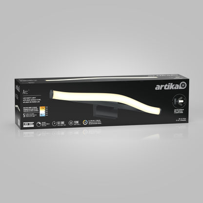 A black rectangular box for the Artika Arc modern LED bathroom vanity light 5 CCT, featuring an image of the curved fixture on the packaging and product details on the side.