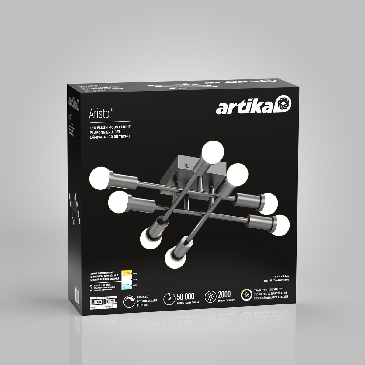 A black box featuring the Artika Aristo LED flush mount light with six globed bulbs, product features, and specs in English and French on a gray background.