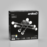 A black box featuring the Artika Aristo LED flush mount light with six globed bulbs, product features, and specs in English and French on a gray background.