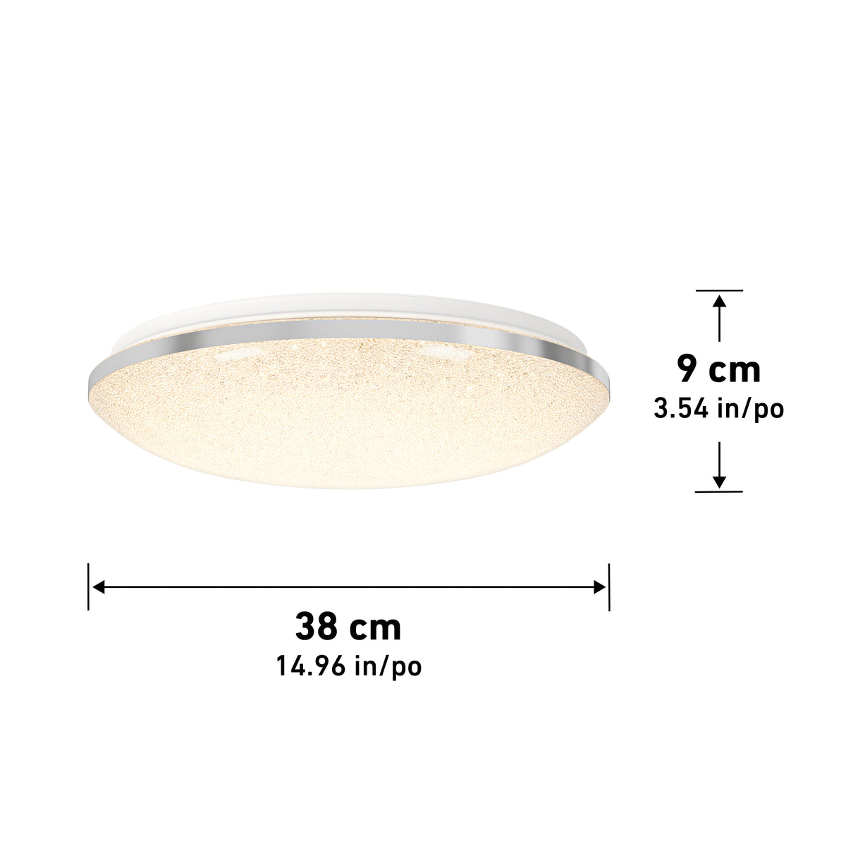 Round ceiling light fixture with a textured surface, shown with dimensions: 38 cm (14.96 inches) wide and 9 cm (3.54 inches) high.