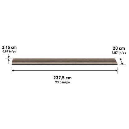 The Artika Sonolok sound-absorbing wall panel kit includes a rectangular wooden plank measuring 2.15 cm thick, 20 cm wide, and 237.5 cm long, with arrows and labels indicating each dimension.
