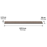 A rectangular wooden plank with measurements: 2.15 cm thick, 20 cm wide, and 237.5 cm long. The lengths are also shown in inches: 0.87 in, 7.87 in, and 93.5 in.