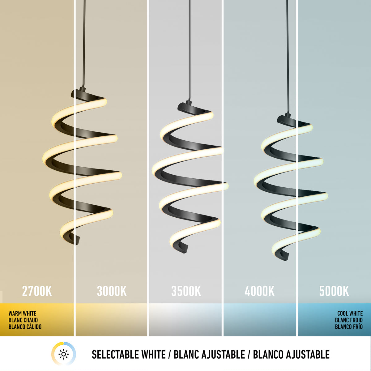 Three modern spiral pendant lights are shown under different color temperatures: 2700K (warm white), 3000K, 3500K, 4000K, and 5000K (cool white), illustrating selectable white lighting options.