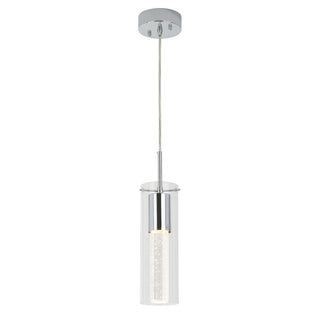 The Artika Bubble Flow 1-light pendant 2 features a modern cylindrical clear glass shade, chrome finish, and round ceiling mount. Suspended by a single cord, it softly illuminates the visible bulb inside.