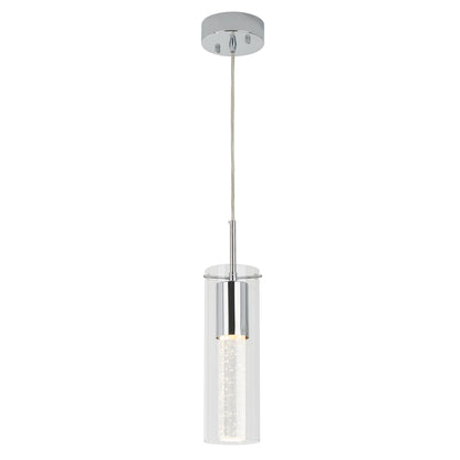 The Artika Bubble Flow 1-light pendant 2 features a modern cylindrical clear glass shade, chrome finish, and round ceiling mount. Suspended by a single cord, it softly illuminates the visible bulb inside.