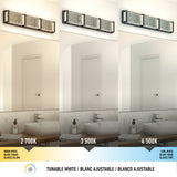 A bathroom vanity light above a mirror displays three lighting modes: warm white (2700K), neutral white (3500K), and cool white (4500K), illustrating the color temperature adjustment options.