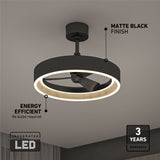 Modern ceiling fan with a circular LED light, matte black finish, and no visible bulbs. Text highlights energy efficiency, matte black finish, integrated LED, and a 3-year warranty. Fan is mounted on a gray ceiling.