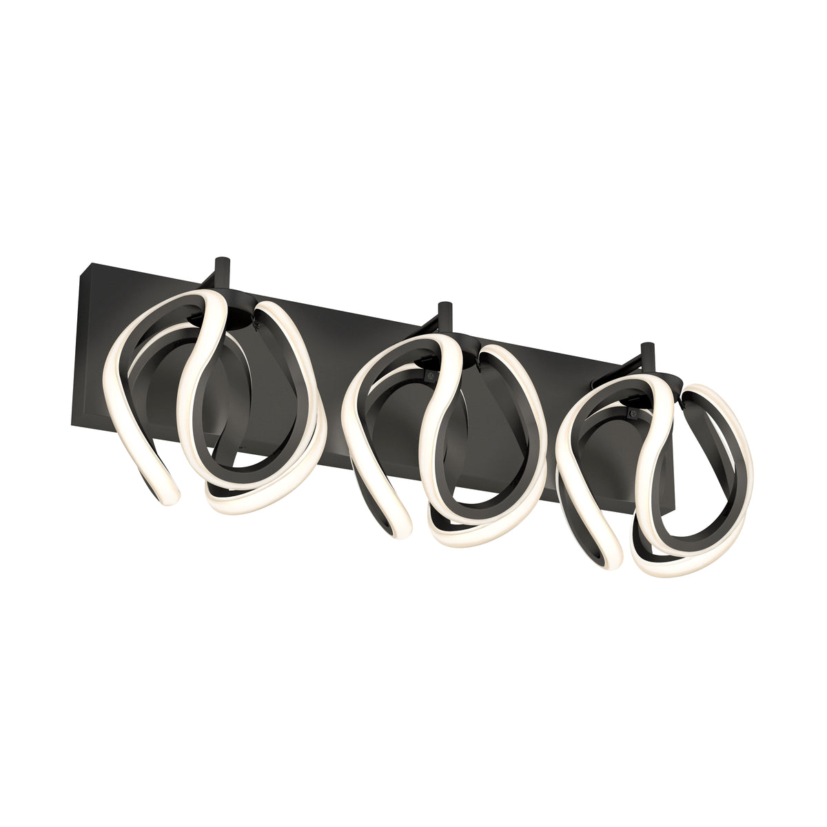 A modern wall-mounted light fixture with three abstract, looped LED light elements attached to a rectangular black base.