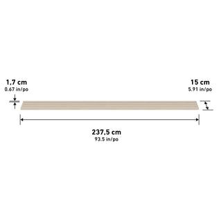 The Artika Panolok wall panel kit includes 8 wooden boards, each measuring 1.7 cm thick, 15 cm wide, and 237.5 cm long (0.67 in x 5.91 in x 93.5 in), shown horizontally with dimensions indicated.