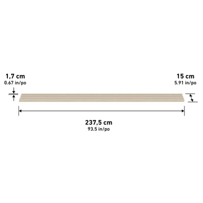 The Artika Panolok wall panel kit includes 8 wooden boards, each measuring 1.7 cm thick, 15 cm wide, and 237.5 cm long (0.67 in x 5.91 in x 93.5 in), shown horizontally with dimensions indicated.