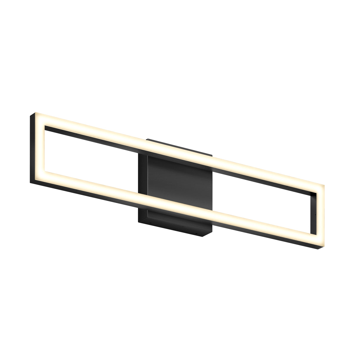 A modern rectangular LED wall light with a black central mount and a glowing outline, set against a white background.