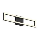 A modern rectangular LED wall light with a black central mount and a glowing outline, set against a white background.