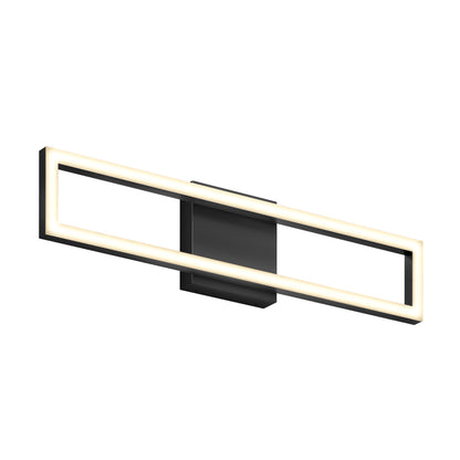 The Artika Dover modern LED bathroom vanity light 5 CCT is a sleek rectangular black wall sconce featuring a hollow center and glowing LED edges, mounted on a simple square base and shown against a white background.