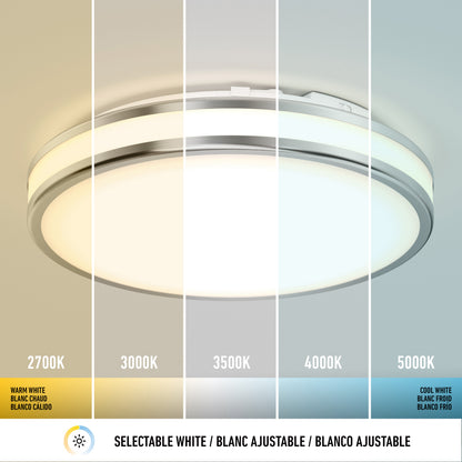 The Artika Hemisphere 15 in. LED flush mount light features 5 selectable color temperatures from 2700K to 5000K and adjustable brightness, making it perfect for bathroom lighting with customizable warm to cool white illumination.