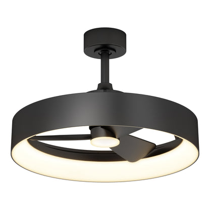 The Artika-CAN-dev Austin 23 in. LED modern ceiling fan features three black blades, a circular LED light fixture, and comes with a remote control, suspended from the ceiling by a short rod.