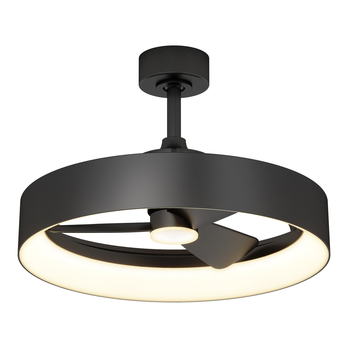 A modern black ceiling fan with three blades, enclosed in a circular frame with built-in LED lighting, suspended from a short downrod.