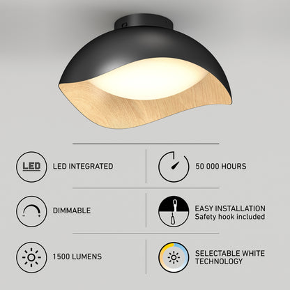 The Artika Adara 15 in. LED flush mount light features a sleek black and wood finish, integrated LED, 1500 lumens, dimmable settings, 50,000-hour lifespan, easy installation, and selectable white technology (5 CCT).