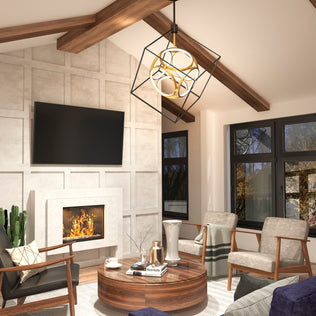 A modern living room features wooden ceiling beams, a wall-mounted TV above the fireplace, large windows, neutral armchairs, a round wooden coffee table, and an Artika Luxury LED pendant light.