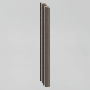 The Sonolok sound-absorbing wall panel kit by Artika features closely aligned vertical wooden slats with alternating black and natural wood stripes, displayed against a plain light gray background.