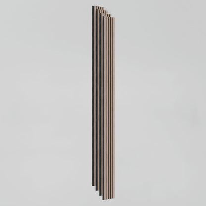 The Sonolok sound-absorbing wall panel kit by Artika features closely aligned vertical wooden slats with alternating black and natural wood stripes, displayed against a plain light gray background.
