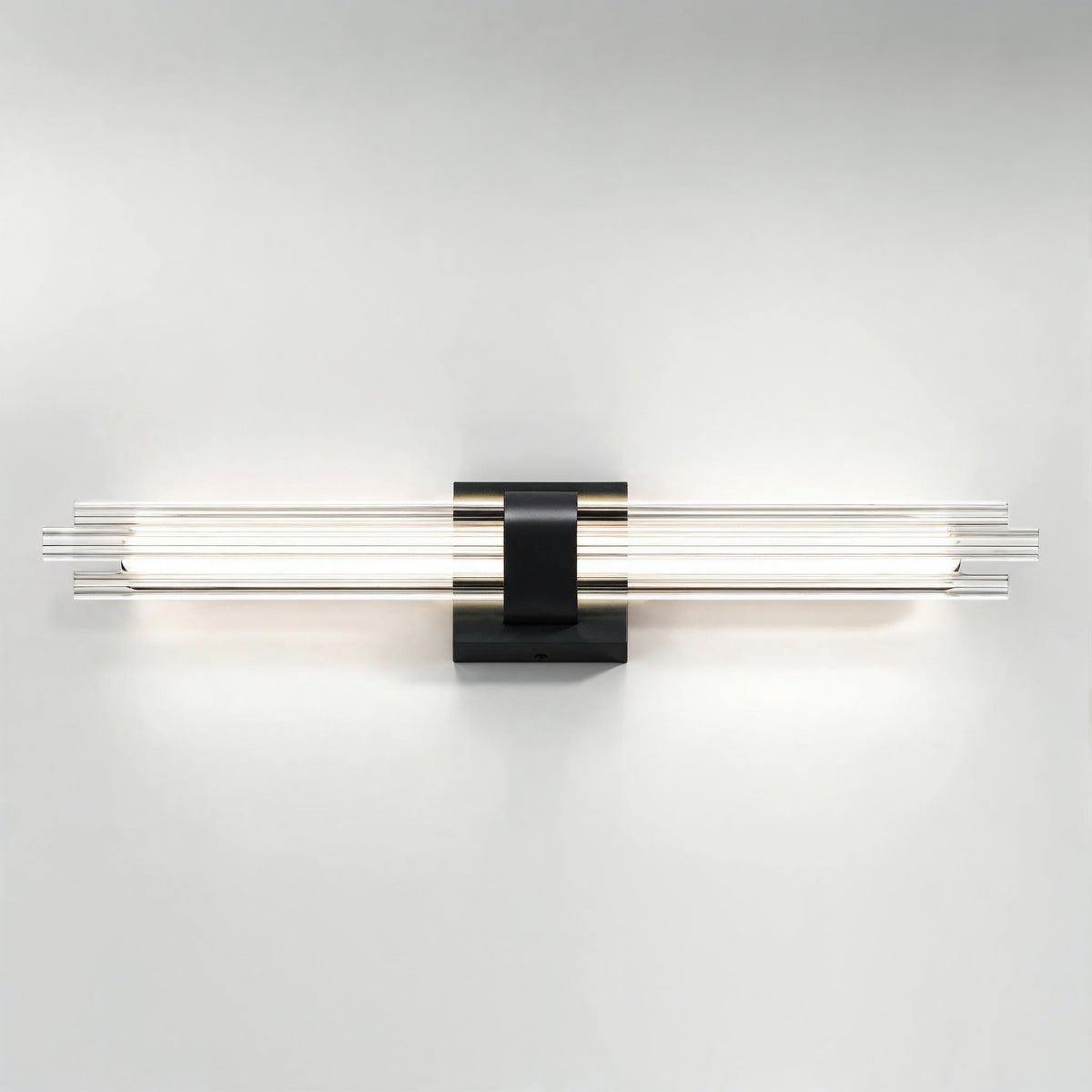 Artika Dorado 27 in. LED Wall Vanity 5CCT adds stylish lighting, featuring horizontal glass rods, perfect for modern bathrooms.
