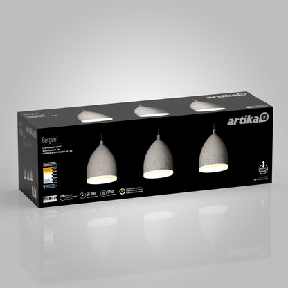 A rectangular black Artika box features an image of the Bergen 3-light LED pendant, showing three dome-shaped lights. Lighting specs and product features are printed on the sides.