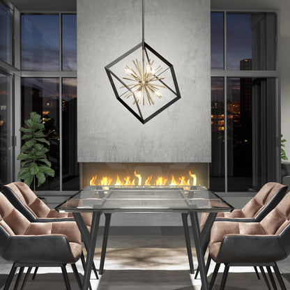 A modern dining room features four cushioned chairs around a glass table, the Artika Nebula 6-light pendant overhead, a linear fireplace in a concrete wall, and large windows with views of the city at dusk.