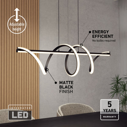 Artika Coda modern LED pendant light, 5 CCT, matte black, dimmable, height adjustable, for kitchen islands, 5-year warranty.