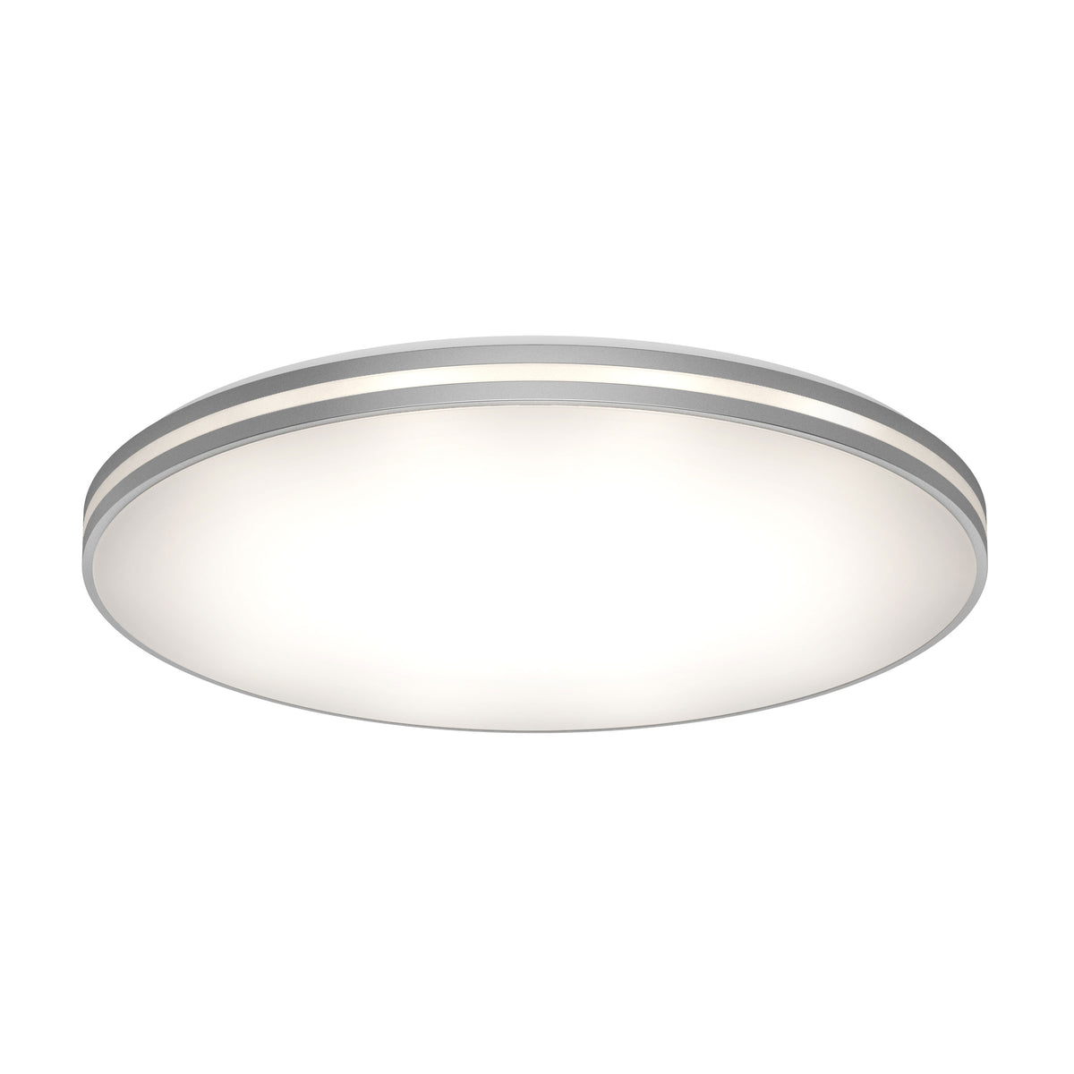 Artika GLOW 30″ LED Flush Mount Ceiling Light, 5 CCT with remote, frosted center, metallic silver trim—viewed from below.
