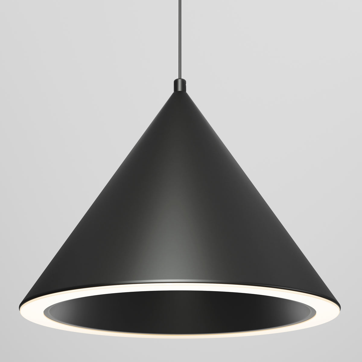 A modern, black, cone-shaped pendant light hangs from the ceiling. The light has a smooth matte finish and emits a soft glow from its circular inner rim, against a plain light gray background.
