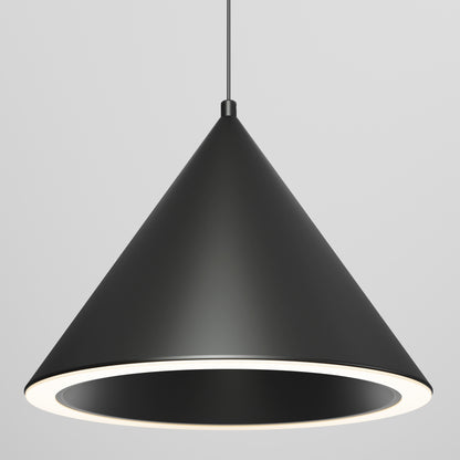 The Denali modern LED pendant light 3 CCT by Artika is a black, cone-shaped fixture with a circular LED ring at the bottom, suspended from the ceiling against a plain light gray background.