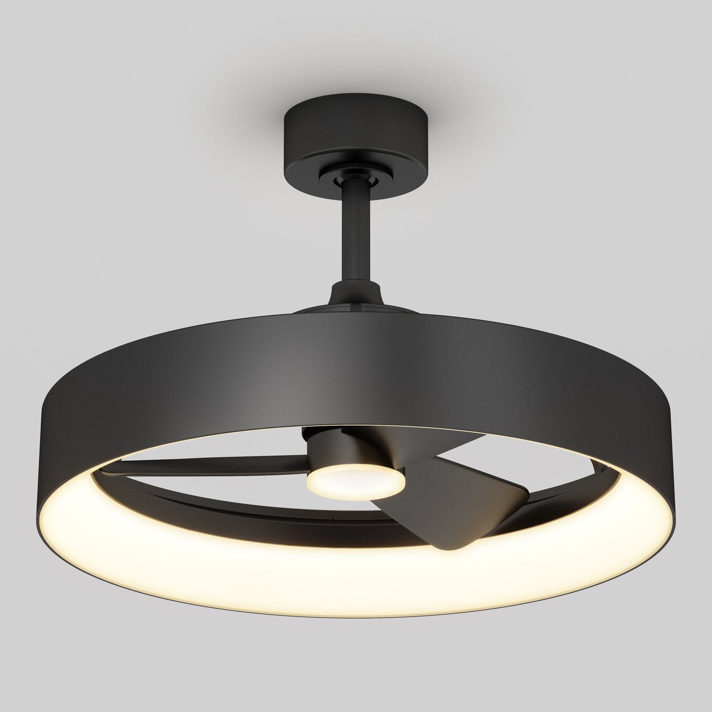 The Artika-CAN-dev Austin 23 in. LED modern ceiling fan features three black blades, a circular LED light ring, and is suspended from a short black rod. Includes remote control.