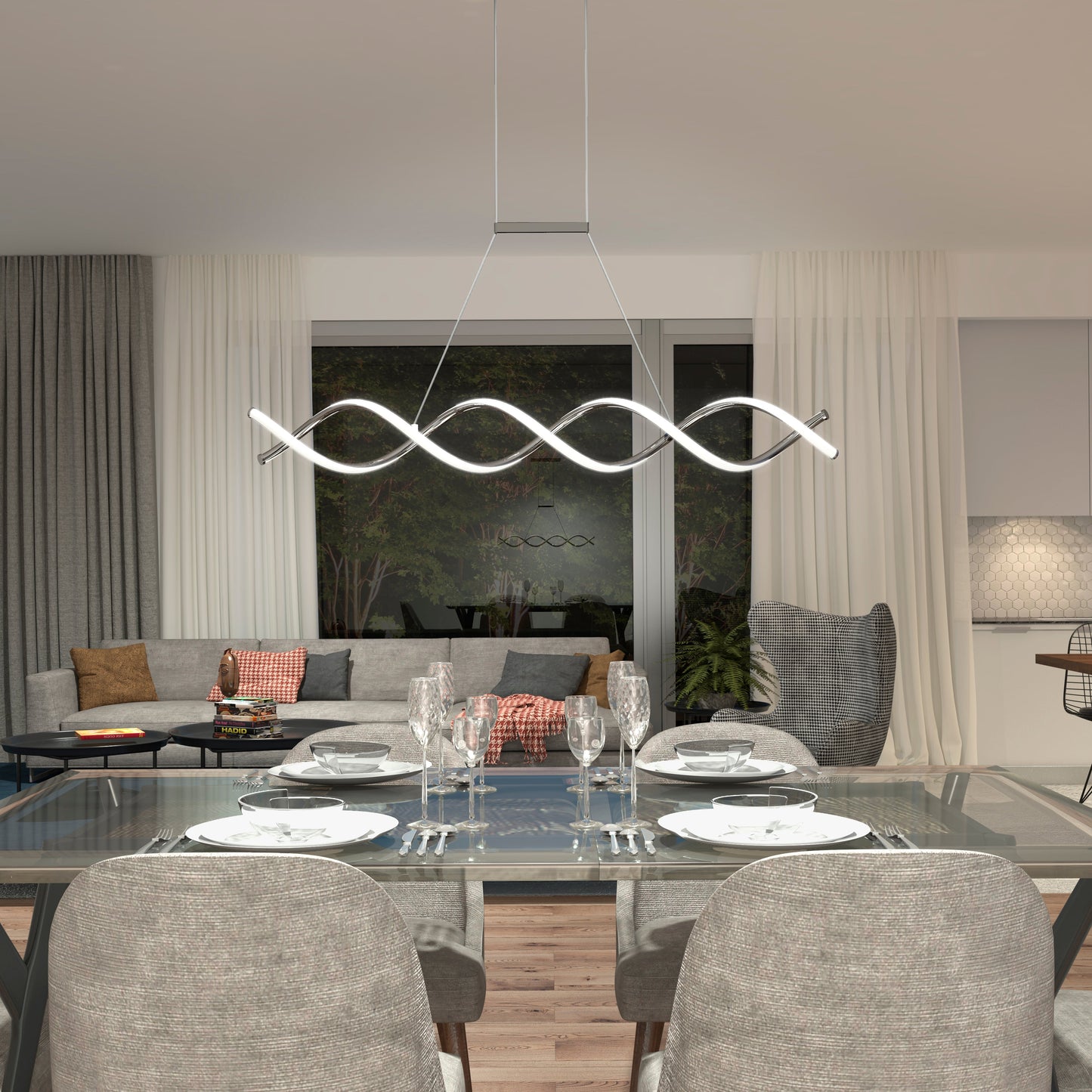 A modern dining area features a glass table for four, gray chairs, and the Artika-CAN-dev DNA Linear LED modern pendant light in matte black, set against a stylish living room with a sectional sofa and large window backdrop.
