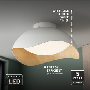 Adara 15 in. (38 cm) Modern LED Flush Mount Ceiling Light 5 CCT with a white dome, wood-look underside, integrated LED, and 5-year warranty.