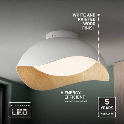 Adara 15 in. (38 cm) Modern LED Flush Mount Ceiling Light 5 CCT with a white dome, wood-look underside, integrated LED, and 5-year warranty.