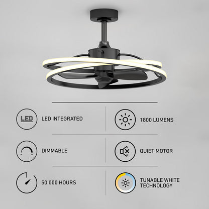 Artika’s Coda 23 in. LED modern ceiling fan features two dimmable LED light rings (1800 lumens, tunable white), a quiet motor, 50,000-hour lifespan, and includes an integrated LED kit with remote control.