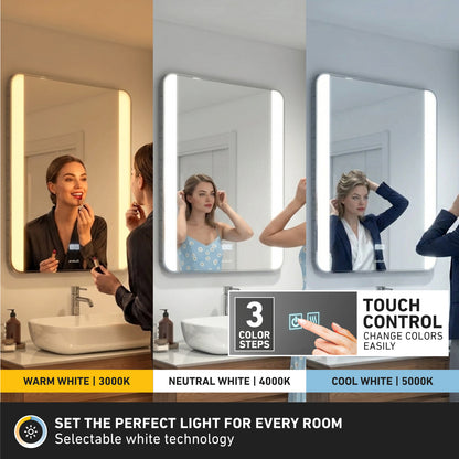 A woman uses the Artika Onyx dimmable LED mirror 3 CCT, featuring touch controls for 3 color temperatures (warm, neutral, cool white), adjustable brightness, and built-in anti-fog functionality.