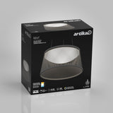 A black Artika product box displays a mesh pendant LED light fixture called “Adrian.” The box features a large image of the lamp, product details, and energy ratings on a gray background.