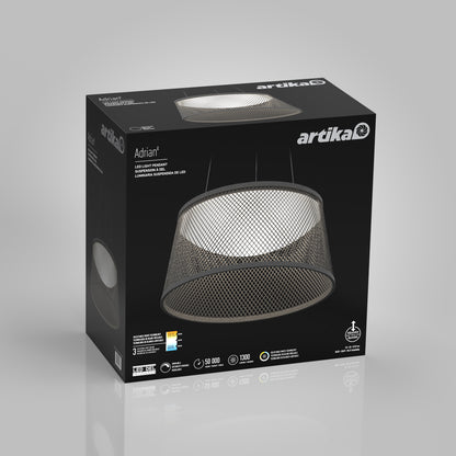 A black Artika box displays the Adrian LED pendant light 3 CCT, featuring a metal mesh design. The packaging highlights its 3 brightness levels, 1900 lumens, and a 50,000-hour lifespan.