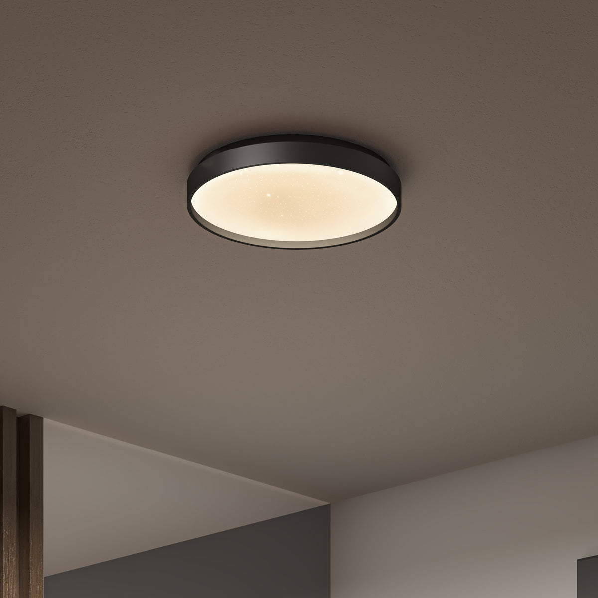 A round, flush-mounted ceiling light with a black frame and diffused white glow is illuminated on a light-colored ceiling in a modern interior space.