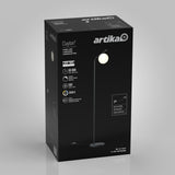Black box packaging for an Artika Clayton LED floor lamp, featuring an image of the lamp, key specs like 50,000 hours lifespan, 550 lumens, and 3000K light temperature, with product branding and details.