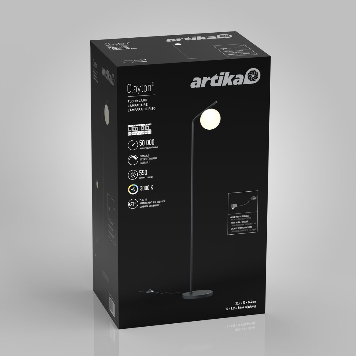 The Artika Clayton dimmable LED modern mid-century floor lamp box displays the black lamp with a round white bulb, specs, and icons on a dark background.