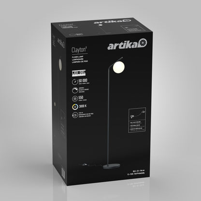 The Artika Clayton dimmable LED modern mid-century floor lamp box displays the black lamp with a round white bulb, specs, and icons on a dark background.